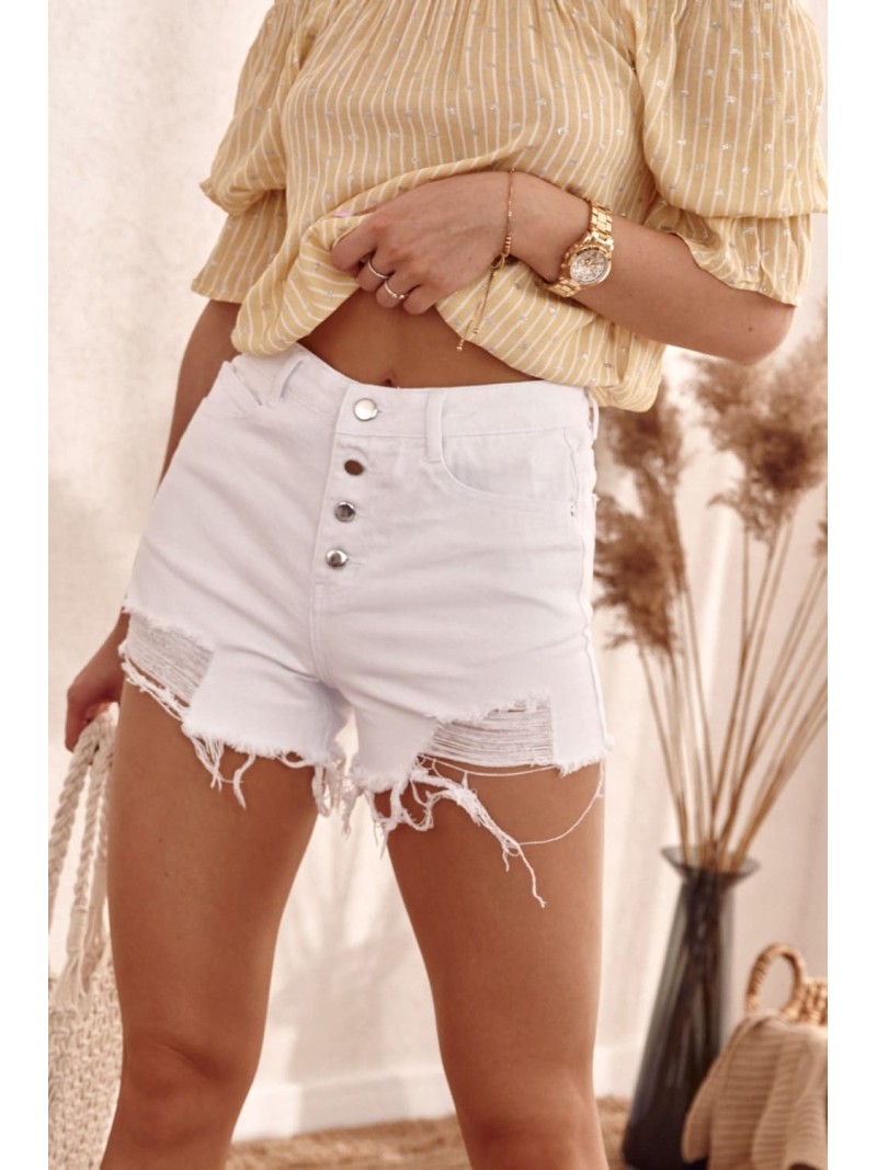 Button-up denim shorts with abrasions, white 730 - Online store - Boutique